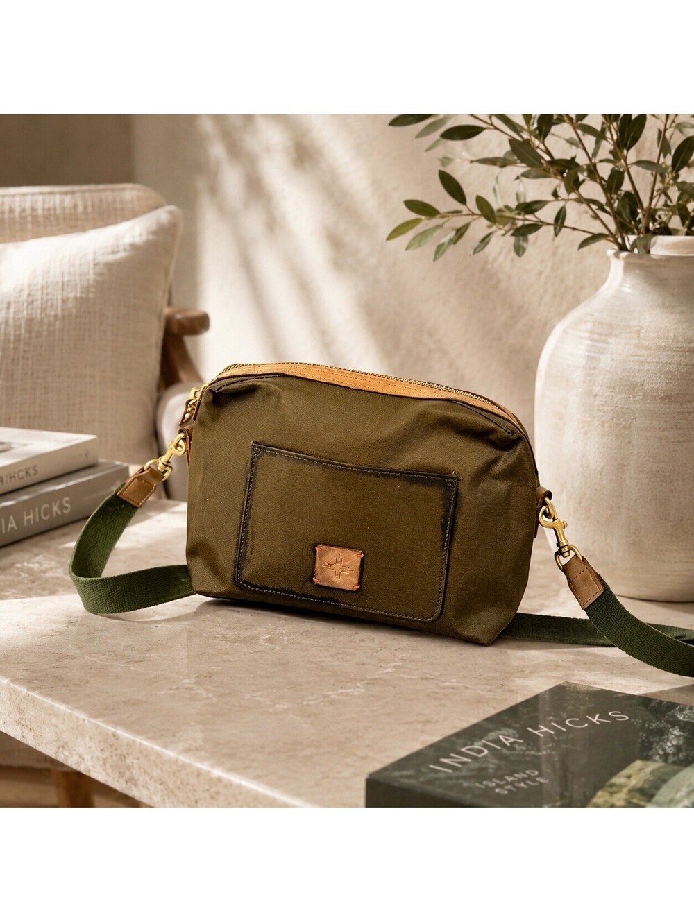 India Hicks Binocular Crossbody Bag Coated Canvas Leather Olive Green 10”